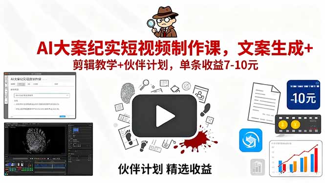 AI大案纪实短视频制作课，文案生成+剪辑教学+伙伴计划，单条收益7-10元-藏宝阁