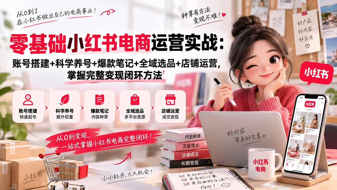 零基础小红书电商运营实战：账号搭建+科学养号+爆款笔记+全域选品+店铺运营，掌握完整变现闭环方法-藏宝阁