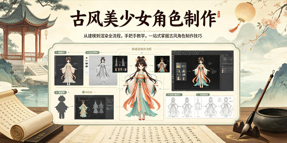 古风美少女角色制作，从建模到渲染全流程，手把手教学，一站式掌握古风角色制作技巧-藏宝阁