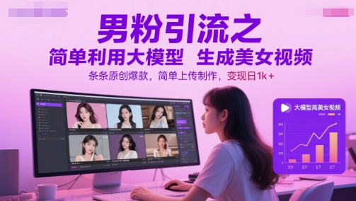 男粉引流之简单利用大模型生成美女视频，条条原创爆款，简单上传制作，变现日1k+-藏宝阁