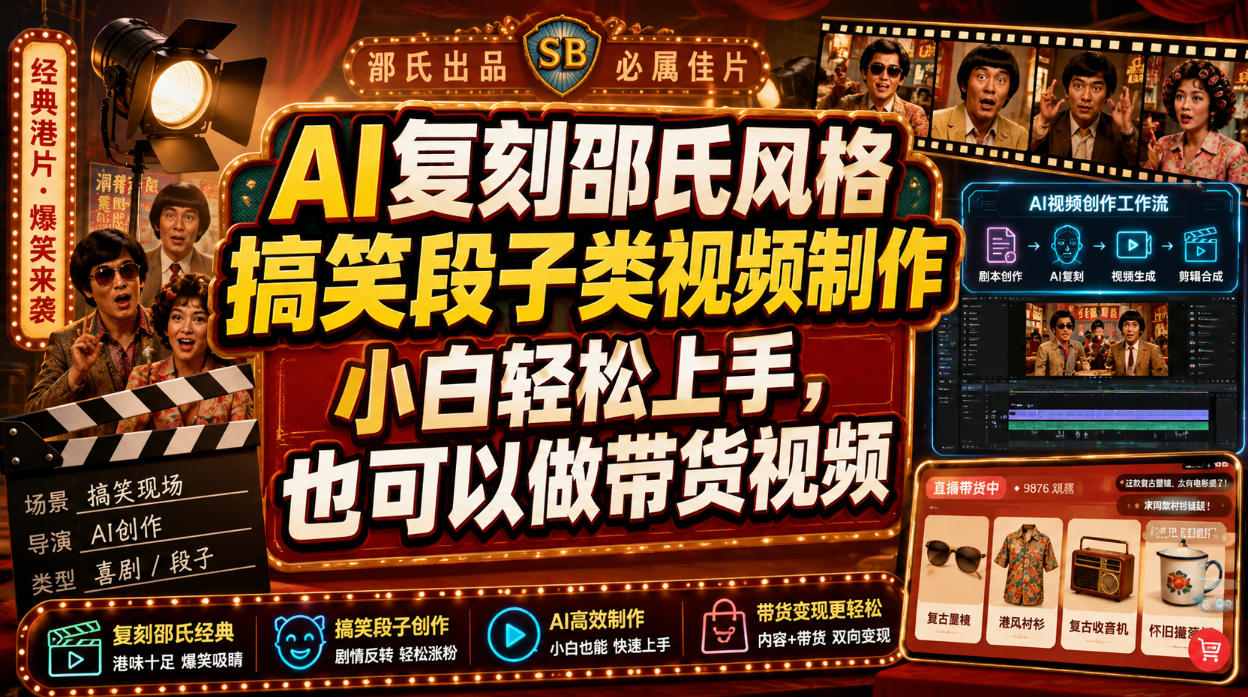 AI复刻邵氏风格搞笑段子类视频制作，小白轻松上手，也可以做带货视频-藏宝阁