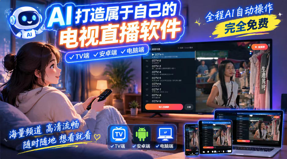 一个提示词，AI全自动做出电视直播软件，电脑、安卓、电视三端通用，完全免费，画质流畅不卡顿-藏宝阁