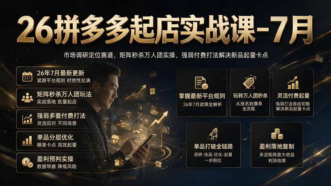 26拼多多起店实战课-7月｜市场调研定位赛道，矩阵秒杀万人团实操，强弱付费打法解决新品起量卡点-藏宝阁