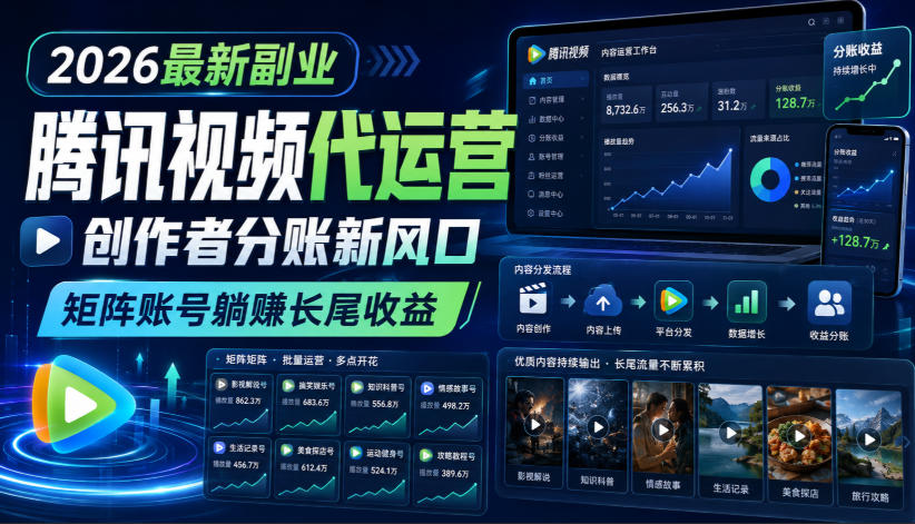 2026最新副业之腾讯视频代运营：创作者分账新风口，矩阵账号躺賺长尾收益【揭秘】-藏宝阁