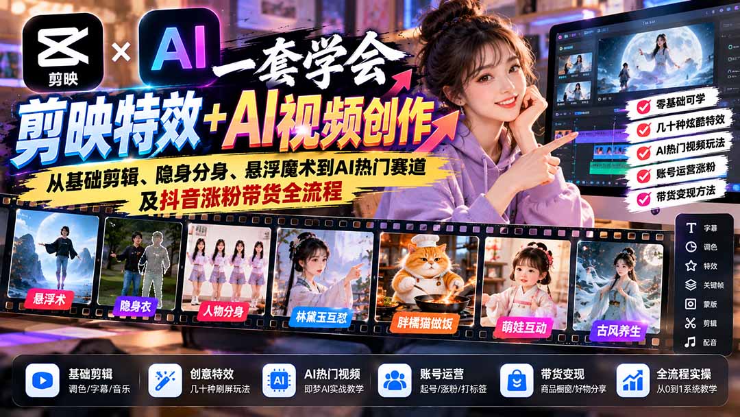 一套学会剪映特效+AI视频创作：从基础剪辑、隐身分身、悬浮魔术到AI热门赛道及抖音涨粉带货全流程-藏宝阁