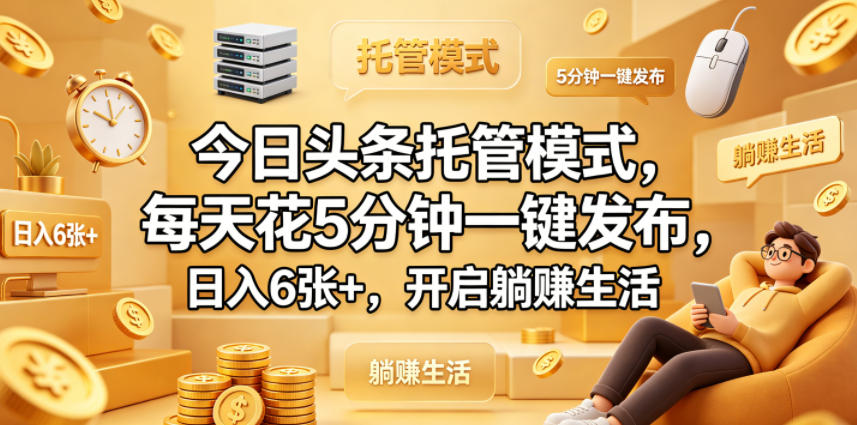 今日头条托管模式，每天花5分钟一键发布，日入6张+，开启躺賺生活【揭秘】-藏宝阁
