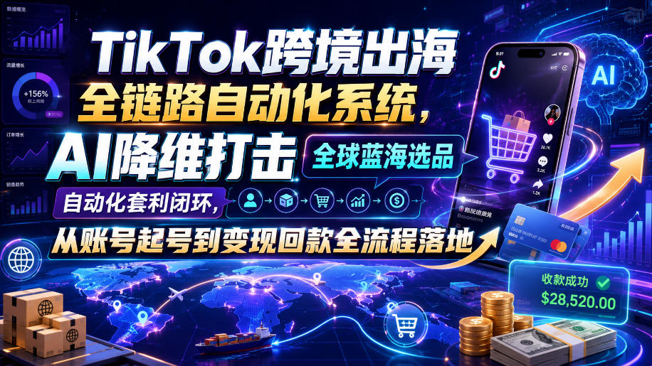 TikTok跨境出海全链路自动化系统，AI降维打击全球蓝海选品自动化套利闭环，从账号起号到变现回款全流程落地(2026年7月)-藏宝阁