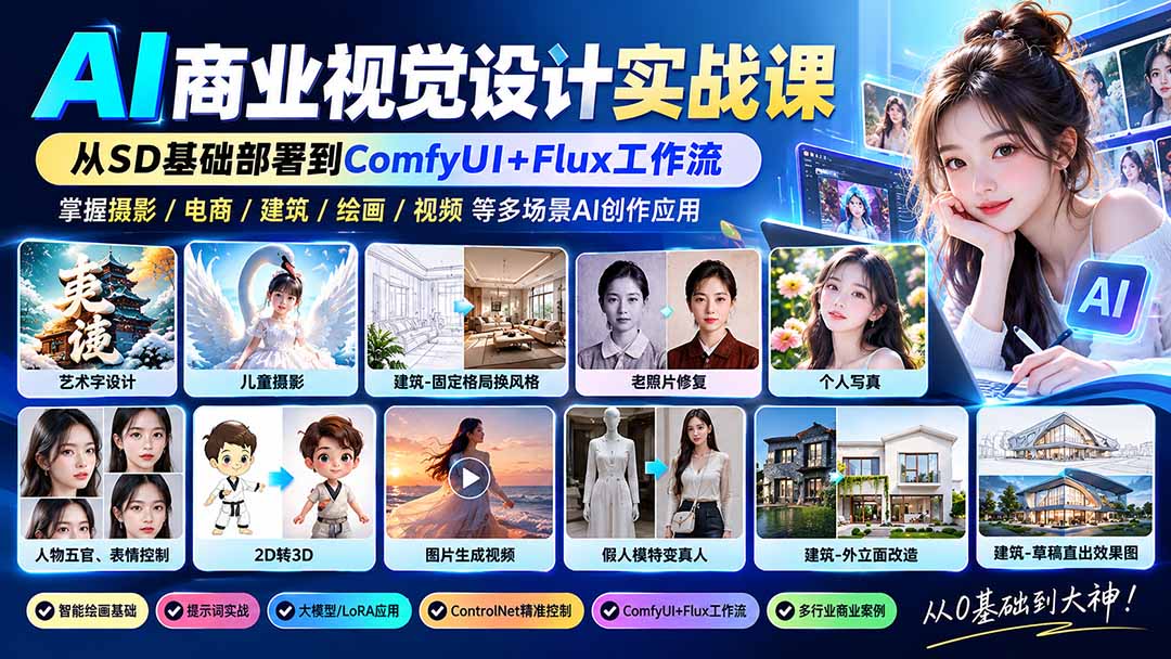 【无水印】AI商业视觉设计实战课：从SD基础部署到ComfyUI+Flux工作流，掌握摄影电商建筑AI创作-藏宝阁