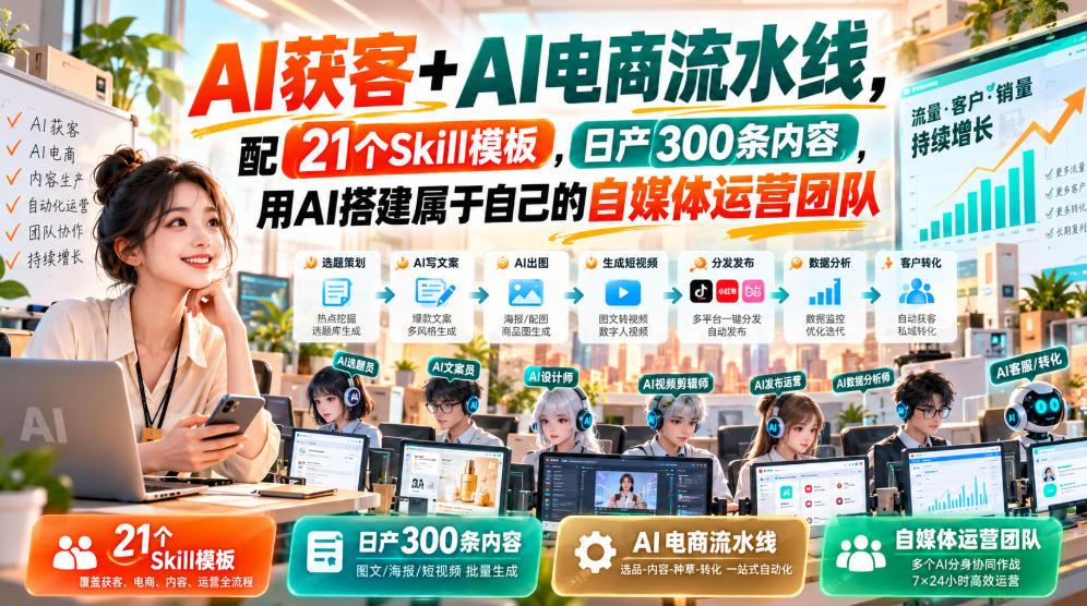AI获客+AI电商流水线，配21个Skill模板，日产300条内容，用AI搭建属于自己的自媒体运营团队-藏宝阁