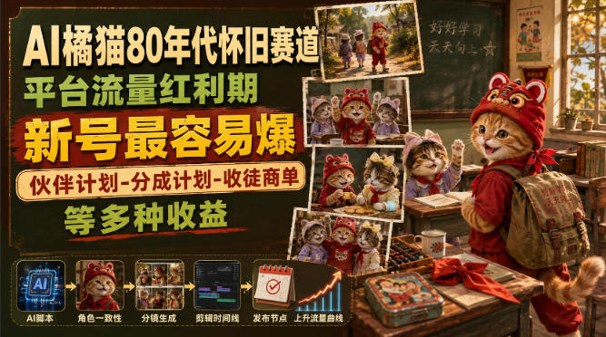AI橘猫80年代怀旧赛道，平台流量红利期，新号最容易爆，伙伴计划-分成计划-收徒商单等多种收益-藏宝阁