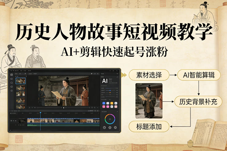 历史人物故事短视频教学，AI+剪辑制作历史人物题材短视频，快速起号涨粉-藏宝阁