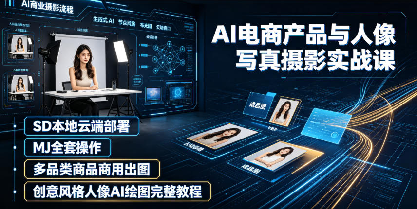 AI电商产品与人像写真摄影实战课｜SD本地云端部署、MJ全套操作、多品类商品商用出图、创意风格人像AI绘图完整教程-藏宝阁