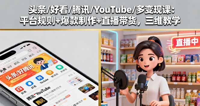 头条/好看/腾讯/YouTube/多变现课：平台规则+爆款制作+直播带货，三维教学-藏宝阁