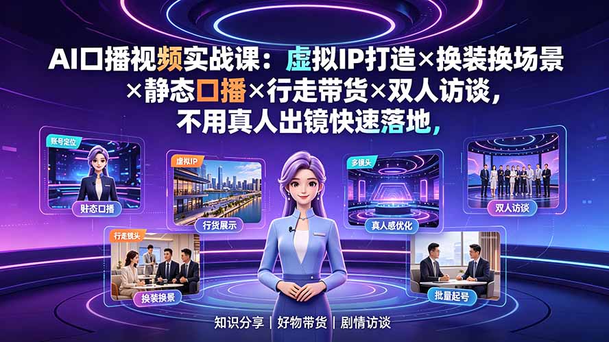 AI口播视频实战课：虚拟IP打造×换装换场景×静态口播×行走带货×双人访谈，不用真人出镜快速落地-藏宝阁