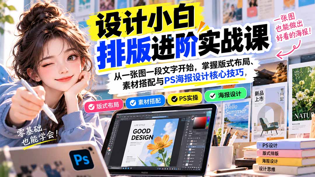 设计小白排版进阶实战课：从一张图一段文字开始，掌握版式布局、素材搭配与PS海报设计核心技巧-藏宝阁