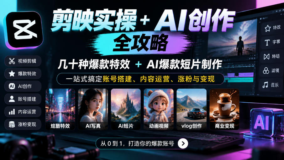 剪映实操+AI创作全攻略｜几十种爆款特效+AI爆款短片制作，一站式搞定账号搭建、内容运营、涨粉与变现-藏宝阁