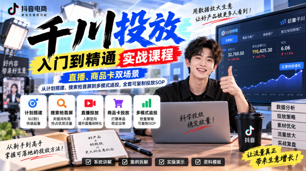 千川投放入门到精通实战课程，直播、商品卡双场景，从计划搭建、搜索抢首屏到多模式追投，全套可复制投放SOP-藏宝阁