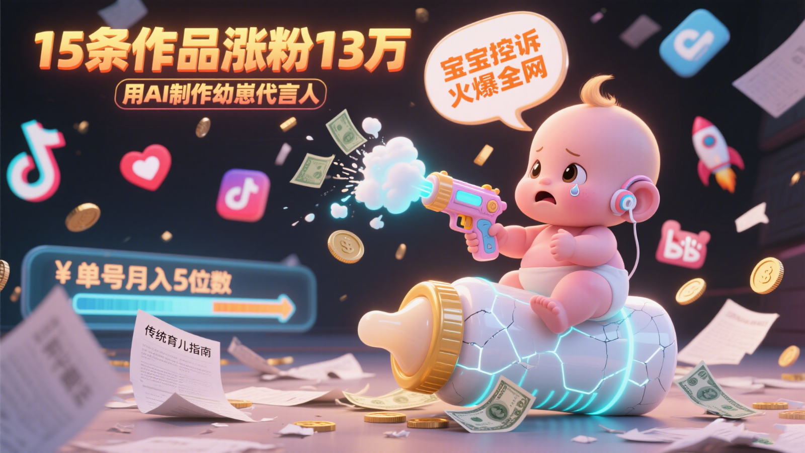 用AI制作幼崽代言人，宝宝的控诉火爆全网，15条作品涨粉13万，单号月入5位数实操教程-藏宝阁