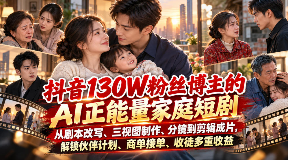 抖音130W粉丝博主的AI正能量家庭短剧，从剧本改写、三视图制作、分镜到剪辑成片，解锁伙伴计划、商单接单、收徒多重收益(更新1007)-藏宝阁