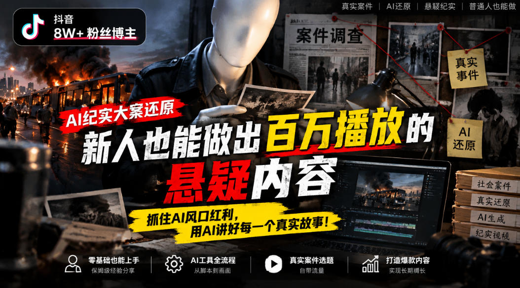 抖音8W粉丝博主的AI纪实大案还原教学，新人也能做出百W播放的悬疑内容，抓住AI风口红利，用AI讲好每一个真实故事-藏宝阁