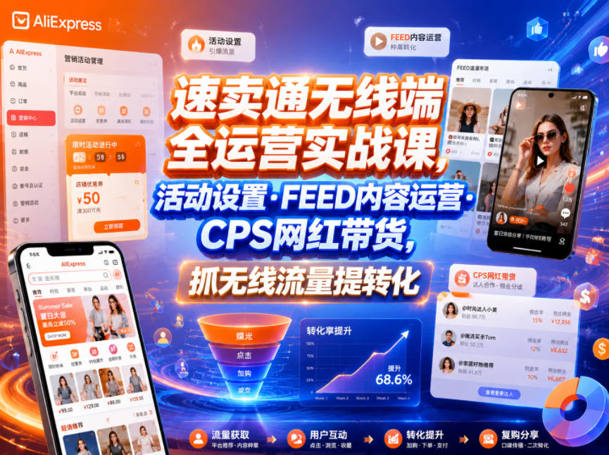 速卖通无线端全运营实战课，活动设置・FEED内容运营・CPS网红带货，抓无线流量提转化-藏宝阁