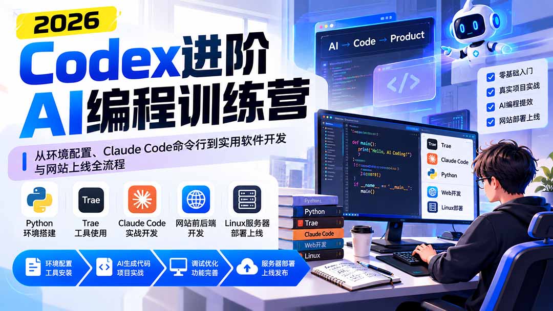 Codex进阶AI编程训练营：从环境配置、Claude Code命令行到实用软件开发与网站上线全流程-藏宝阁