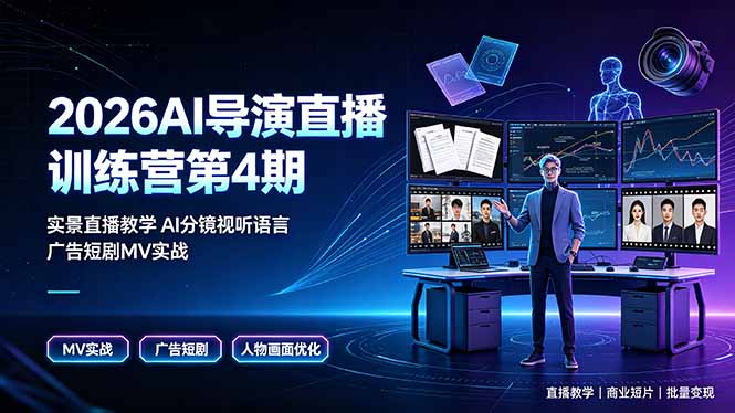 2026AI导演直播训练营第4期，实景直播教学AI分镜视听语言，广告短剧MV实战，解决人物画面崩坏痛点-藏宝阁