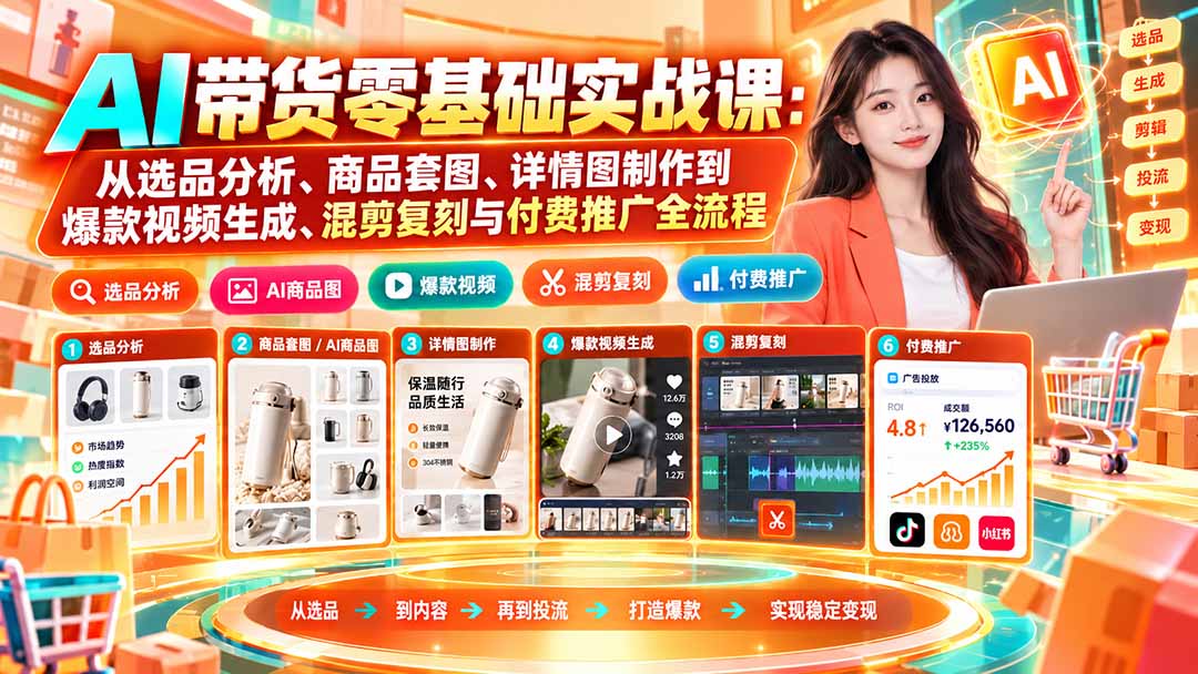 AI带货零基础实战课：从选品分析、商品套图、详情图制作到爆款视频生成、混剪复刻与付费推广全流程-藏宝阁