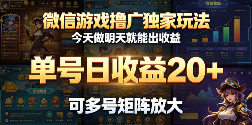 微信游戏撸广独家玩法，今天做明天就能出收益，单号日收益20+，可多号矩阵放大-藏宝阁