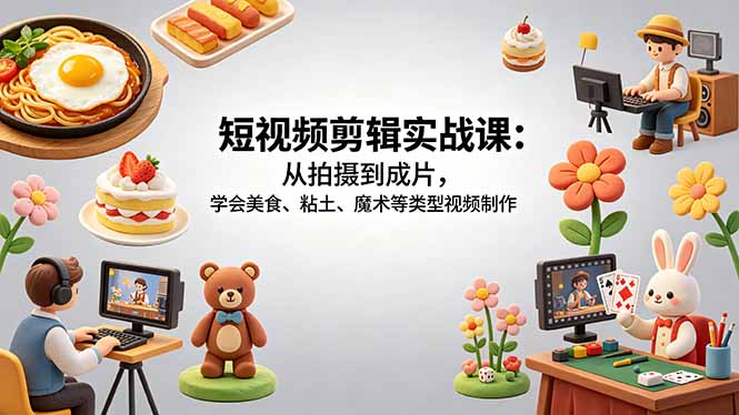 短视频剪辑实战课：从拍摄到成片，学会美食、粘土、魔术等类型视频制作-藏宝阁