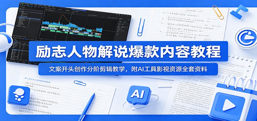 励志人物解说爆款内容教程：文案开头创作分阶剪辑教学，附AI 工具影视资源全套资料-藏宝阁