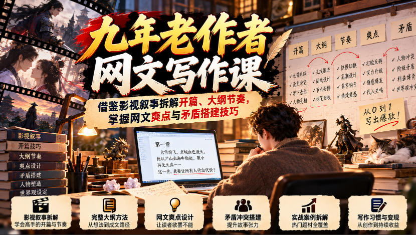 九年老作者网文写作课：借鉴影视叙事拆解开篇、大纲节奏，掌握网文爽点与矛盾搭建技巧-藏宝阁