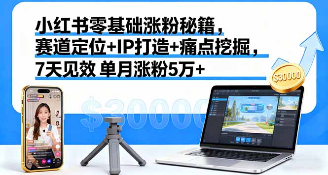 小红书零基础涨粉秘籍，赛道定位+IP打造+痛点挖掘，7天见效 单月涨粉5万+-藏宝阁