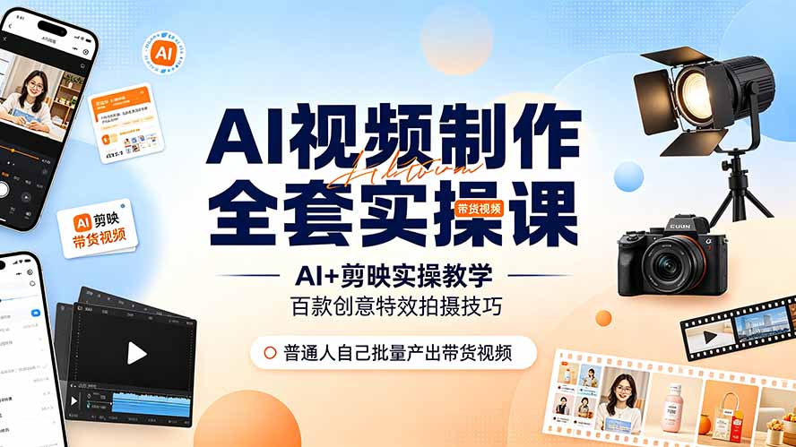 AI视频制作全套实操课，多款AI工具搭配剪映教学，百种特效运镜拍摄实操，抖音账号带货运营全覆盖-藏宝阁