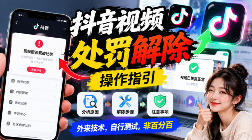 抖音视频处罚解除操作指引，外来技术，自行测试，非百分百-藏宝阁