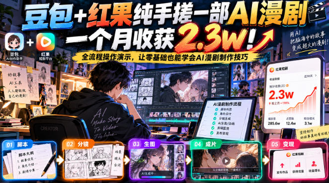 豆包+红果纯手搓一部AI漫剧一个月收获2.3w！全流程操作演示，让零基础也能学会AI漫剧制作技巧-藏宝阁