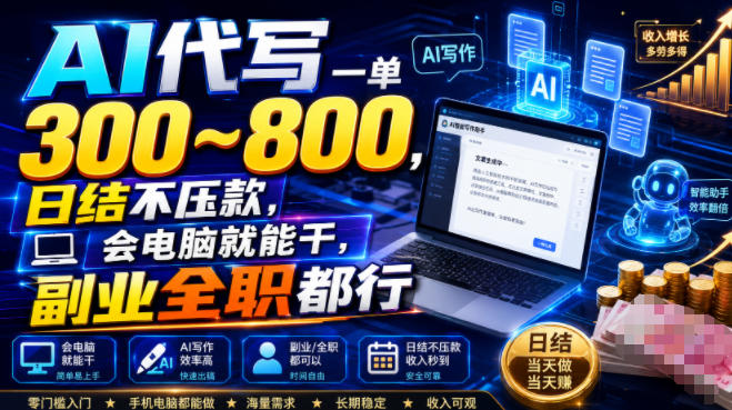 AI代写一单300~800，日结不压款，会电脑就能干，副业全职都行【揭秘】-藏宝阁