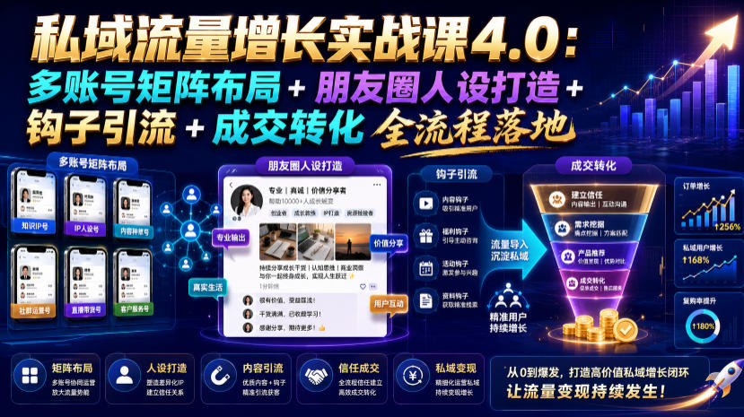私域流量增长实战课4.0：多账号矩阵布局+朋友圈人设打造+钩子引流+成交转化全流程落地-藏宝阁