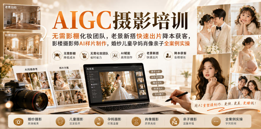 AIGC摄影培训｜无需影棚化妆团队，老景新搭快速出片降本获客，影楼摄影师AI样片制作，婚纱儿童孕妈肖像亲子全案例实操-藏宝阁