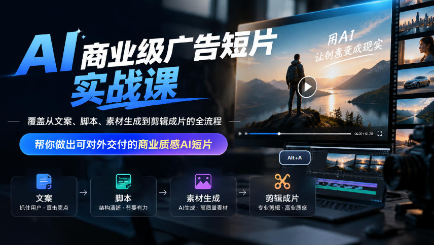 AI商业级广告短片实战课，覆盖从文案、脚本、素材生成到剪辑成片的全流程，帮你做出可对外交付的商业质感AI短片-藏宝阁