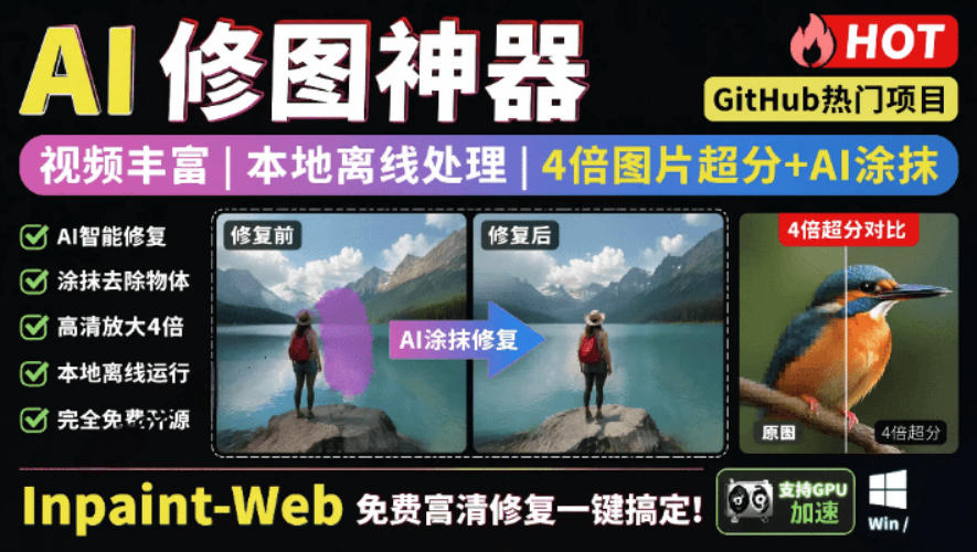 本地离线处理，4倍图片超分+AI涂抹去水印！Github上热门神器，免费高清修复图一键搞定！Inpaint-Web-藏宝阁