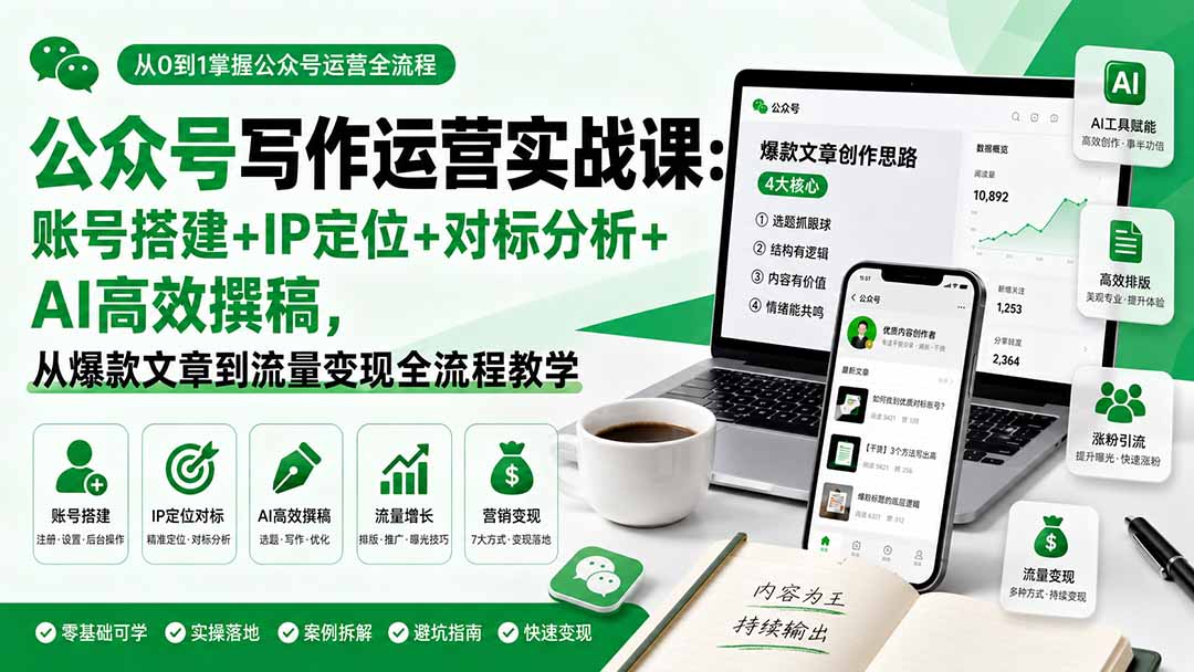 公众号写作运营实战课：账号搭建+IP定位+对标分析+AI高效撰稿，从爆款文章到流量变现全流程教学-藏宝阁