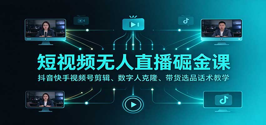 短视频无人直播掘金课：抖音快手视频号剪辑、数字人克隆、带货选品话术教学-藏宝阁