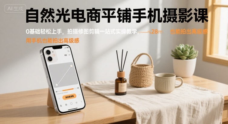自然光电商平铺手机摄影课，0基础轻松上手，拍摄修图剪辑一站式实操教学，用手机也能拍出高级感-藏宝阁