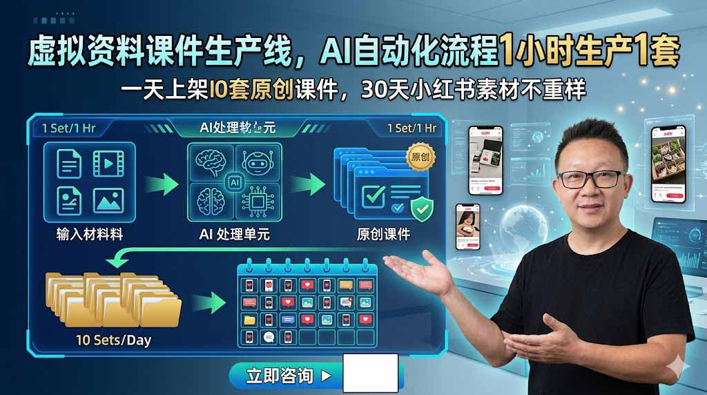 虚拟资料课件生产线，AI自动化流程1小时生产1套，一天上架10套原创课件，30天小红书素材不重样-藏宝阁