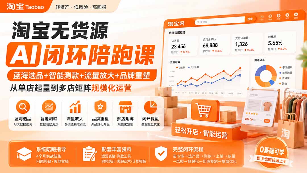 淘宝无货源AI闭环陪跑课：蓝海选品+智能测款+流量放大+品牌重塑，从单店起量到多店矩阵规模化运营-藏宝阁