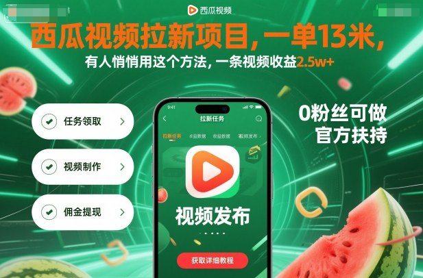 西瓜视频拉新项目，一单13米，有人悄悄用这个方法，一条视频收益2.5w+(附详细教程)-藏宝阁