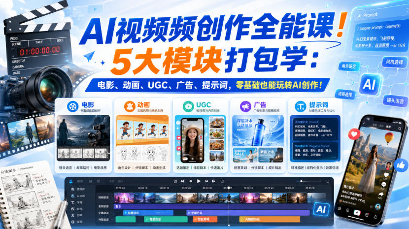 AI视频频创作全能课！5大模块打包学：电影、动画、UGC、广告、提示词，零基础也能玩转AI创作！【原创双语字幕】-藏宝阁