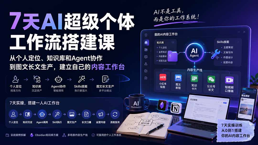 7天AI超级个体工作流搭建课：从个人定位、知识库和Agent协作到图文长文生产，建立自己的内容工作台-藏宝阁