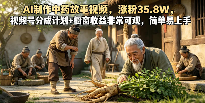 AI制作中药故事视频，涨粉35.8W，视频号分成计划+橱窗收益非常可观，简单易上手-藏宝阁